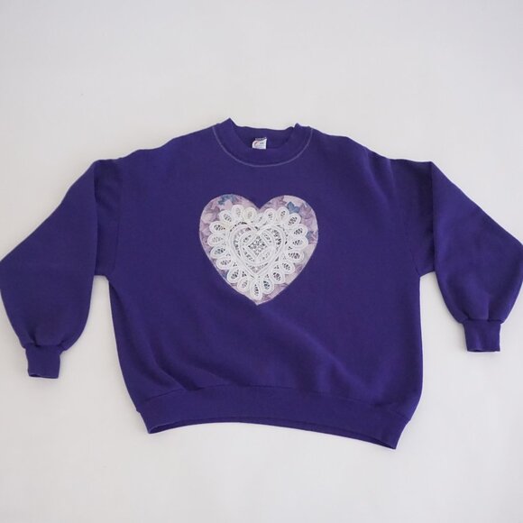 Vintage Jerzees Purple Lace Heart Appliqué Sweatshirt Cabincore Cottagecore 2X - Picture 1 of 10